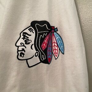 Chicago Blackhawks White Long Sleeve Shirt with Red Stars and Logo